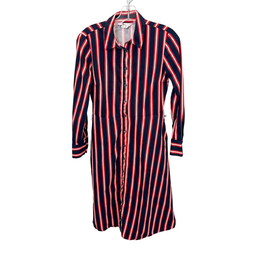Boden Womens Navy Red Striped Cotton Button Front Shirt Midi Dress Size 6R W0421